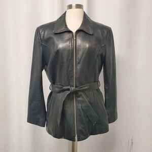 Wilson's Black Leather Mid Length Belted Insulated Coat Jacket Size Woman's Md
